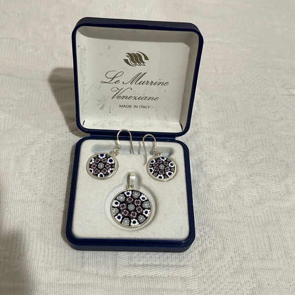 Vintage Sterling Silver and Italian Millefiore Earrings and Pendant Set - Picture 3 of 5